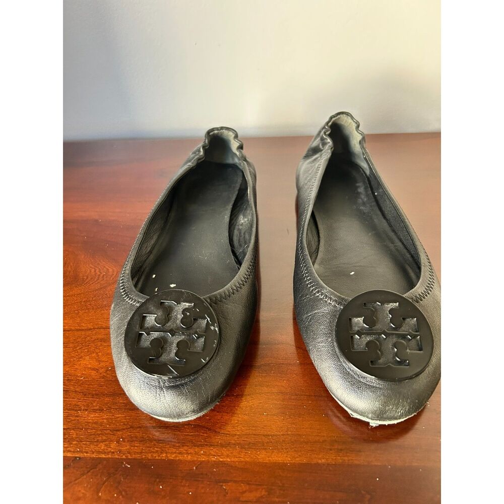 Tory Burch Minnie Black Travel ballet flats slip-ons logo and round toe size 8